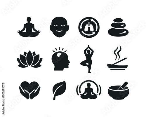 Peaceful meditation. Solid icon set of Peaceful meditation: meditation silhouette, peaceful expression, breathing cycle, harmony stones,