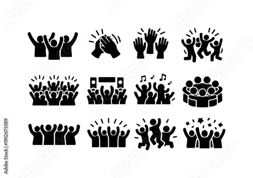crowd celebration. Solid icon set of crowd celebration: cheering silhouettes, clapping hands, raised arms, joy motion lines, mass excitement,