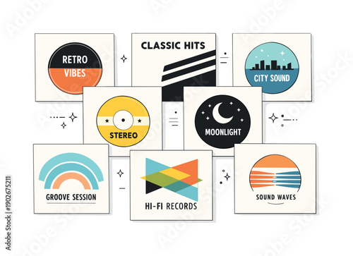 Vintage Vinyl Symphony. Vinyl sleeves flat lay. Top view of several vintage-style record sleeves arranged symmetrically, some with bold graphic labels and