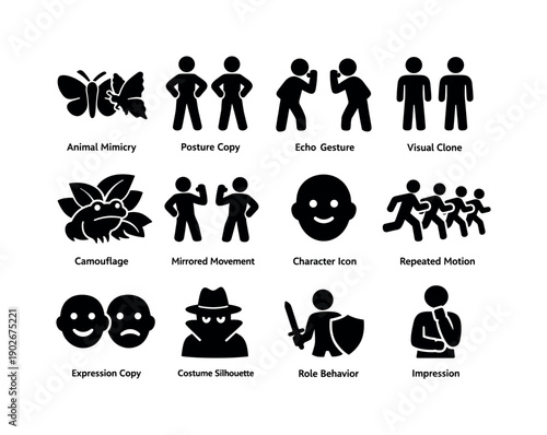 Mimic Behavior. Solid icon set of Mimic Behavior: animal mimicry, posture copy, echo gesture, visual clone, camouflage, mirrored movement,