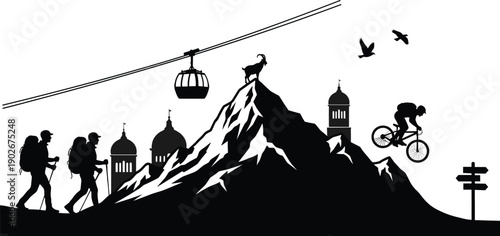 Mountain adventure silhouette with hikers cable car cyclist alpine village wildlife birds outdoor travel exploration vector illustration minimal black design