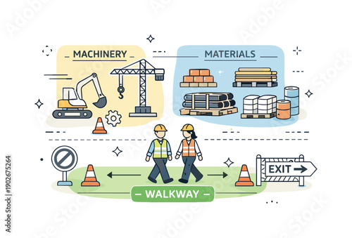 Construction site layouts. A clear zoning scene with marked areas for machinery, storage, and walkways, expressing safety and order. Simple