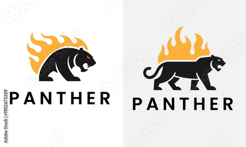 Panther silhouette logo icon. Lion roar symbol. Cougar fang emblem. Abstract wild cat attack brand identity label.