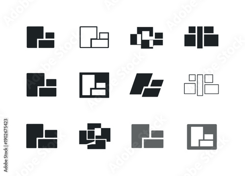 Design layout. Icon set. Set Logo of design layout: balanced page blocks. harmonious logo variations of the same emblematic concept, each