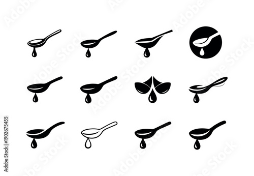 Fat in cooking. Icon set. Set Logo of fat in cooking: dripping oil spoon. harmonious logo variations of the same emblematic concept, each