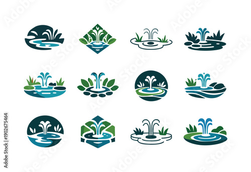 Landscapers designing gardens and yards. Icon set. Set Logo of Landscapers designing gardens and yards: water feature and plants. harmonious