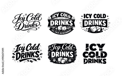 Icy Drinks Lettering Grid. Icy cold drinks menu. Set lettering. harmonious lettering variations of the same emblematic concept, each with different artistic