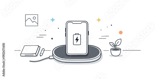 Minimalist Charging Setup. Minimal charging setup. A wireless pad placed neatly on a desk with a device above it, emphasizing simplicity and modern