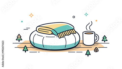 Relaxing Meditation Setup. Meditation cushion with shawl. A soft zafu pillow on a wooden floor with a folded wool shawl and steam rising from a nearby mug,