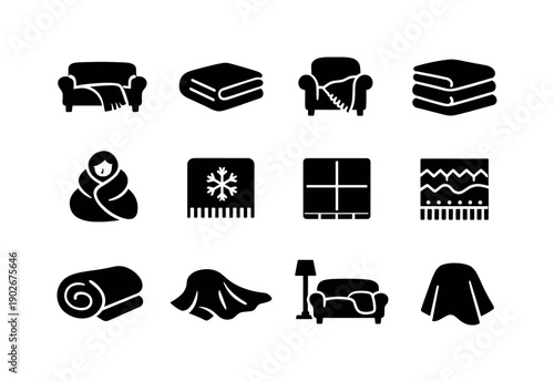 Home comfort blanket. Solid icon set of home comfort blanket: sofa blanket, folded throw, blanket on armchair, blanket stack, cozy wrap,