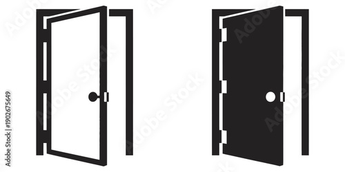 Door vector icon set, open sign, handle icons, isolated, black outline, filled version, entrance symbols, door interface, flat design, vector illustration