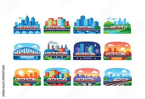 City Railway Icons. Cityscape railway views. Colorful flat vector icons set of cityscape railway views: downtown skyline, residential blocks,