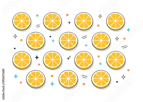 Lemon slices flat lay. Evenly spaced lemon slices viewed from above, forming a calm and graphic pattern. The illustration conveys freshness,