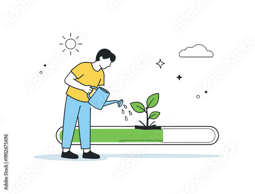 Slow progress mindset. A calm scene with a person watering a small plant growing from a progress bar, symbolizing patience and growth over