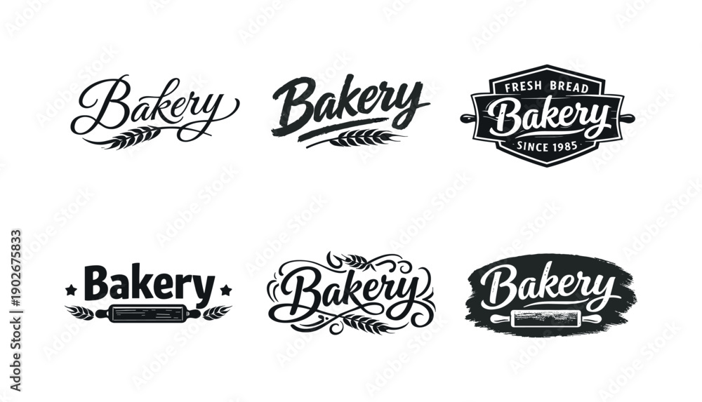 Fototapeta premium Rustic bakery logo lettering. Set lettering. harmonious lettering variations of the same emblematic concept, each with different artistic