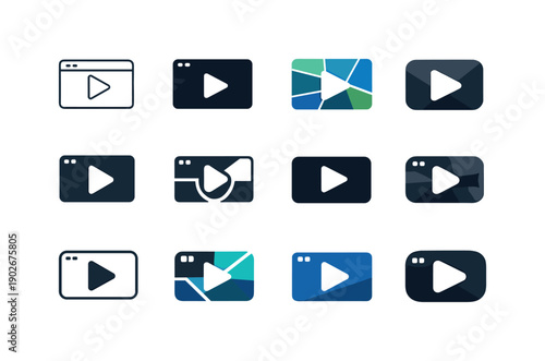 Video call window. Icon set. Set Logo of video call window: window frame with play indicator. harmonious logo variations of the