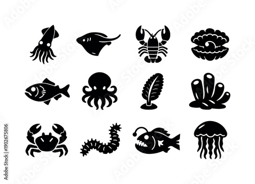 Submarine Creatures Icons. Submarine Creatures. Solid icon set of Submarine Creatures: bioluminescent squid, deep sea ray, blind lobster, deep sea clam,