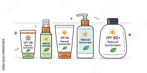 Natural sunscreen bottles. Sunscreen bottles arranged in a row showing different sizes and shapes. Clean comparison, clarity, and product