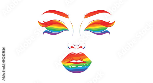 Rainbow LGBTQ+ face makeup design, vector illustration for Pride Month, social media overlay or website banner, Isolated on transparent background, png