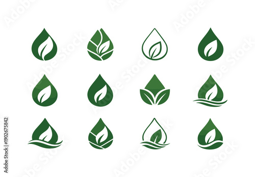 spa wellness. Icon set. Set Logo of spa wellness: leaf and water droplet. harmonious logo variations of the same emblematic concept, each