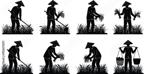 Set of farmer silhouettes working in rice field agriculture harvesting activity rural life black vector illustration design collection