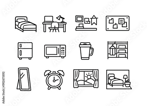 Dorm Essentials Icons. First Day in Dorm. Line icon set of First Day in Dorm: made bed, desk setup, wall decor, cork board, mini fridge, microwave, reusable