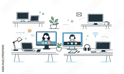 Empty desks hybrid office and tech. A workspace with devices powered off at empty desks while a few active stations display video call icons.