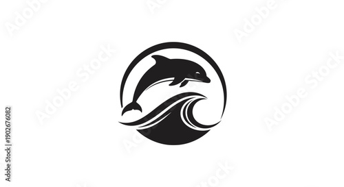 Black and white dolphin leaping in a circle logo design isolated on white background