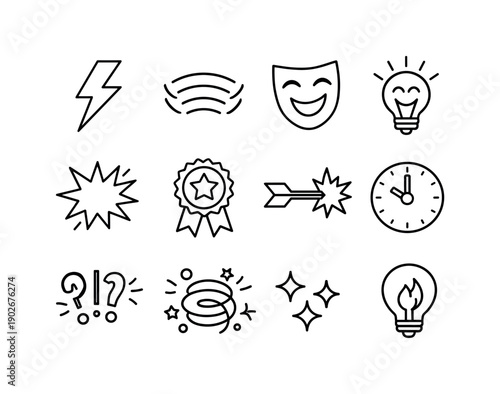 Comedic symbols. Line icon set of Comedic symbols: joke lightning bolt, laughter waves, comedy mask, funny idea bulb, surprise pop, humor