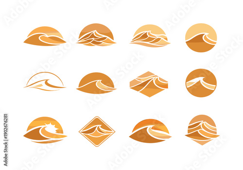 Desert dunes. Icon set. Set Logo of desert dunes: crescent dune. harmonious logo variations of the same emblematic concept, each with
