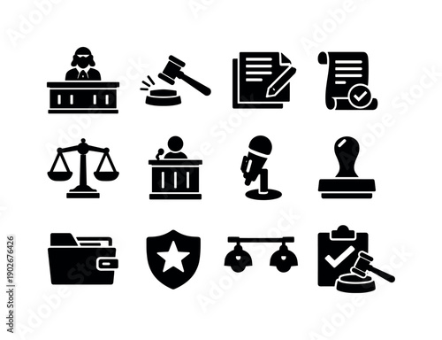 Courtroom Icons Display. Courtroom judgment. Solid icon set of Courtroom judgment: judge bench, gavel sound, legal transcript, verdict scroll, justice balance,