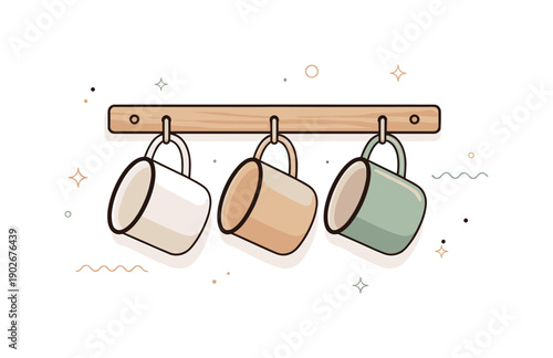 Minimalist Enamel Mug Display. Mugs hanging on hook. Three enamel mugs in neutral tones hanging from a wooden stick or hook with soft abstract lines and dots