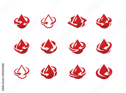 Blood Circulation Icons. Blood circulation. Icon set. Set Logo of blood circulation: flowing droplet with arrows. harmonious logo variations of the same
