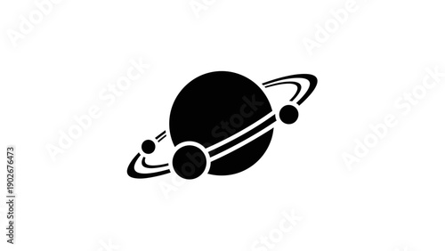 Black and white planet icon with rings and moons isolated on white background