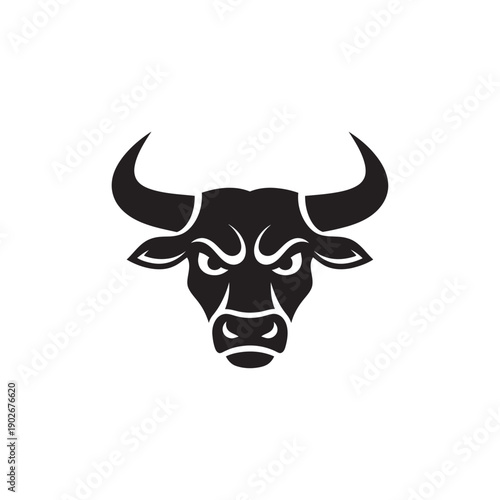 Fierce black bull head with prominent horns and angry eyes, isolated on white
