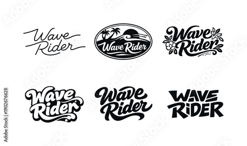 Wave Rider Variations. Wave rider script. Set lettering. harmonious lettering variations of the same emblematic concept, each with different artistic