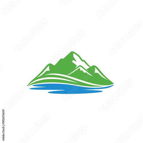 Green mountains reflect in blue water with white accents