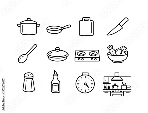 Cooking Dinner. Line icon set of Cooking Dinner: cooking pot, frying pan, cutting board, chef knife, stirring spoon, saucepan lid, stove top,