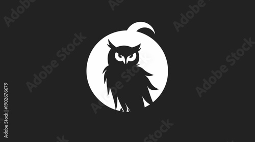 Silhouette of owl in circle graphic illustration in black and white