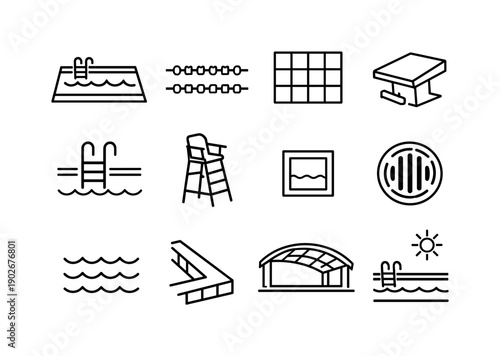 Swimming pool. Line icon set of Swimming pool: pool overview, lane markers, pool tiles, starting blocks, pool steps, lifeguard chair, depth