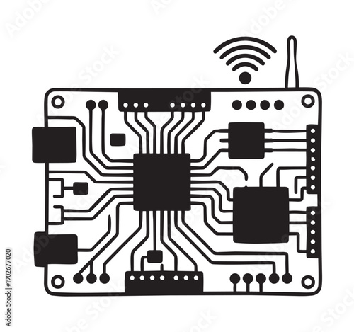 Circuit board with wireless chip microprocessor and connected electronic components