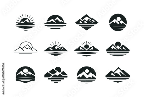 Nature-Inspired Logo Grid. Graphic design trends. Icon set. Set Logo of Nature-inspired design: mountain landscape merged with graphic lines. harmonious logo