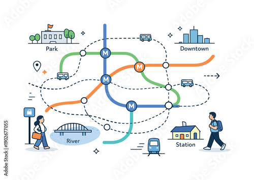 Urban transportation maps. A clean city map with metro lines, bus routes, and station icons, showing clear navigation and daily movement.