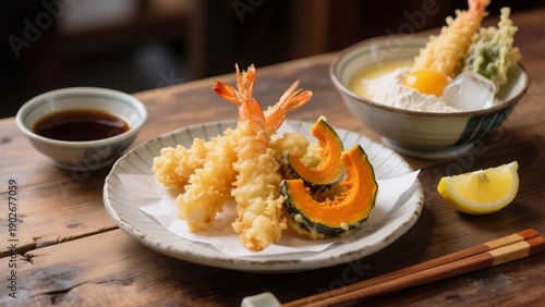 Crispy tempura shrimp and pumpkin served on a rustic wooden table, perfect for a cozy dining experience.