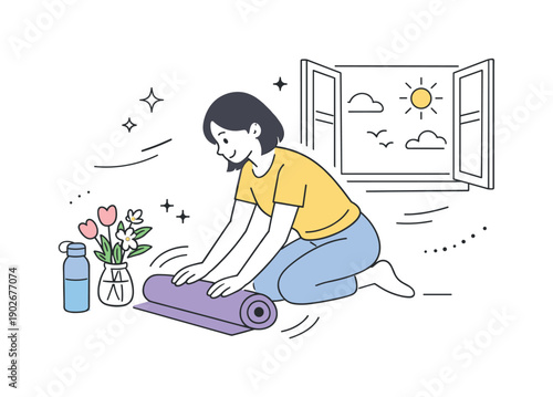 Spring Wellness Setup. Spring wellness props. A person arranging yoga mat, water bottle, and fresh flowers near an open window, calm morning routine and