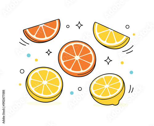 Citrus fruits minimal. A calm composition with sliced oranges and lemons gently floating in space, conveying freshness and balance. Clean