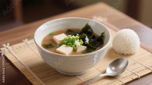 A steaming bowl of miso soup with tofu and seaweed, accompanied by a fluffy rice ball, perfect for a cozy meal.