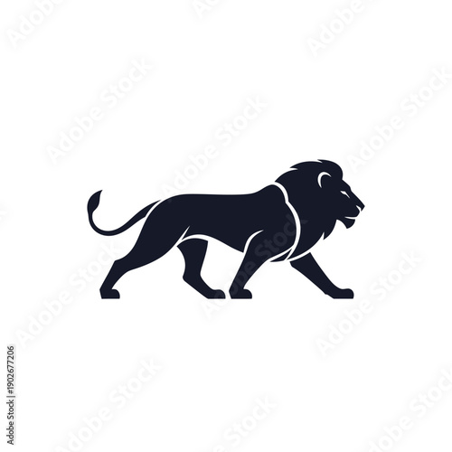Dark, stylized lion strides to the right, mane defined, tail curled