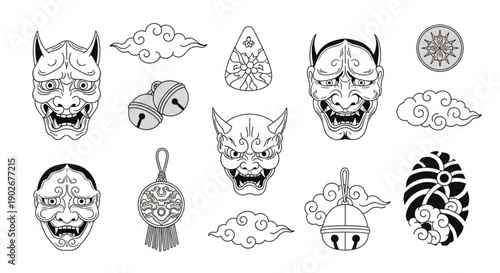 Japanese Oni masks and traditional accessories in black and white