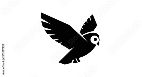 Black owl silhouette soaring against white background vector illustration
